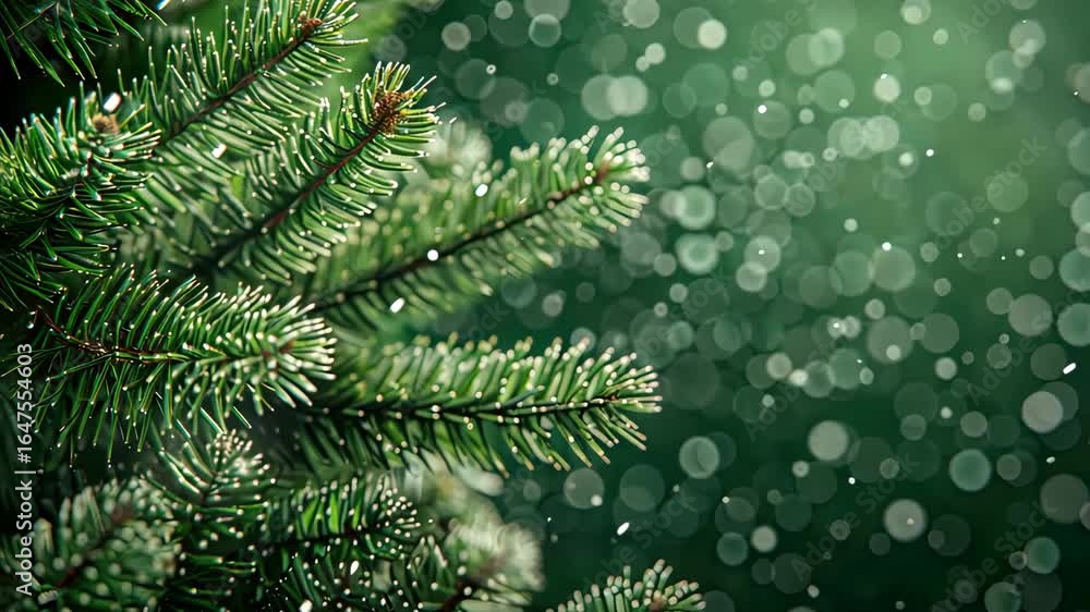 Poster evergreen branches glisten with snowflakes while soft bokeh lights create a magical atmosphere durin