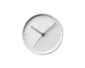Minimalist white clock face with simple gray hands and no numbers isolated on a transparent background