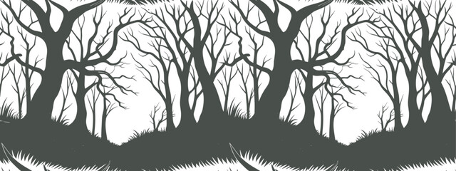 Seamless silhouette pattern of leafless trees in a dark forest. Dramatic nature landscape design for backgrounds, wallpapers, and prints. Perfect for eerie, gothic, or seasonal themes.