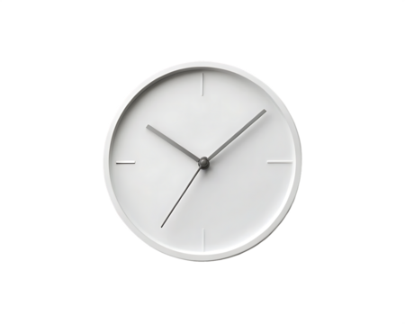 Minimalist white clock face with simple gray hands and no numbers isolated on a transparent background