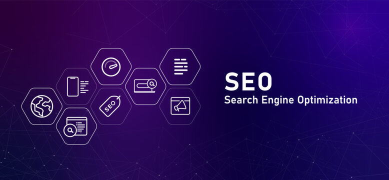 Header Search Engine Optimization SEO outline icons analytics on page optimization content marketing and link building