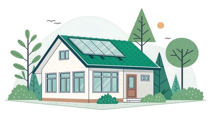 Sustainable Home with Solar Panels and Green Roof in Natural Landscape Illustration
