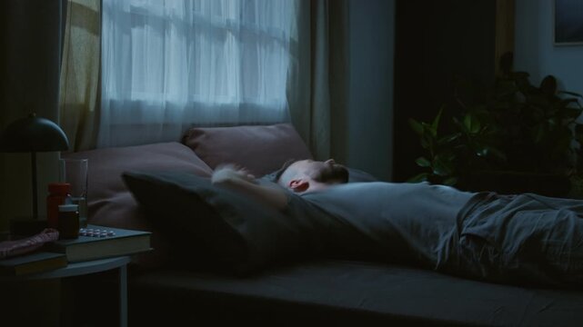 Medium time lapse of restless young Caucasian man in pajama twisting in bed at night, searching for comfortable position on pillows, removing blanket, suffering from poor sleep quality and deprivation