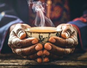 Aged hands holding steaming floral teacup