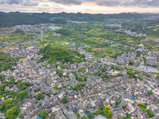 Clouds above Qingyan Ancient Town, Guizhou Province, China, aerial drone shot