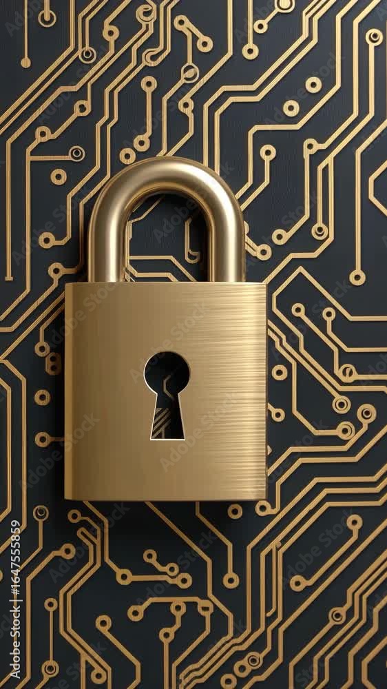 Poster a detailed view showcasing a golden security lock set against an intricate circuit board design, sym