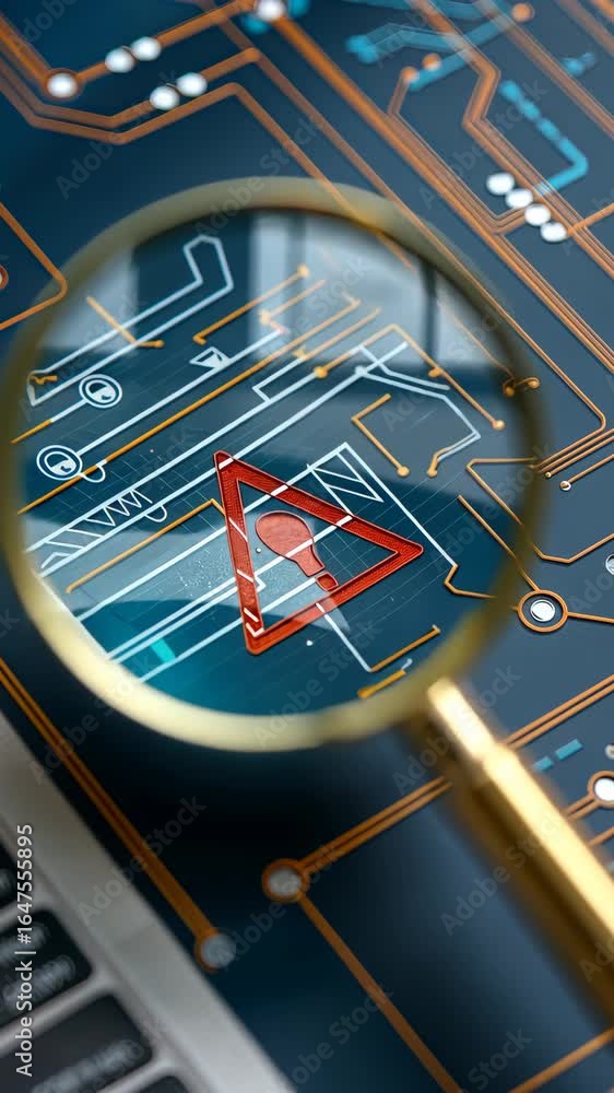 Poster close look at a warning symbol on a circuit board through a magnifying glass, showcasing electronic 