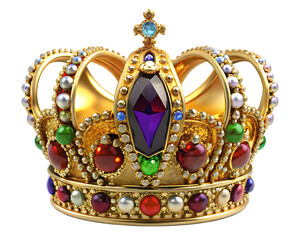 Ornate 3 D Rendered Gold Crown Adorned with Colorful Gems and Pearls isolated on a transparent background