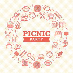 Picnic Party with Bbq Round Design Template Thin Line Icon Concept Frame or Border for Ad on Gingham Tablecloth . Vector illustration