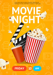 Cinema Movie Night Placard Poster Banner Card Template with Clapper Board, Drink and Popcorn. Vector illustration of Cinematography Event