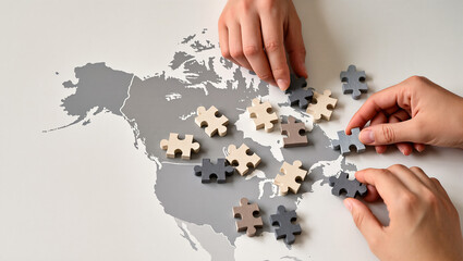 Alaska negotiations visualized with game pieces moved on map by hands, highlighting international cooperation. Game pieces and map provide overview during Alaska negotiations,