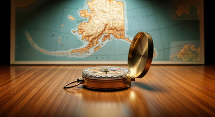 Brass compass pointing direction above Alaska map on wooden surface. Compass direction for Alaskan talks, shining light on collaboration and finding mutual ground for progress.