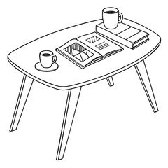 Coffee table with a book and two cups isolated on white background