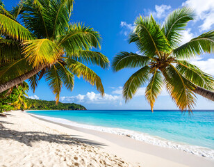 Fototapeta premium Tropical beach scene with palm trees, clear blue water, and white sand, evoking serene and relaxing atmosphere