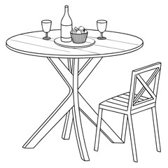 Round dining table with a bottle of wine and a chair isolated on white background