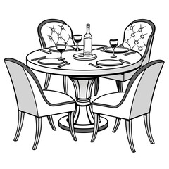 Round dining table with four chairs, wine bottle and glasses isolated on white background