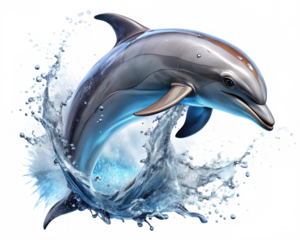 Realistic 3 D Dolphin Leaping Through Water Splash with Glitch Art Background isolated on a transparent background