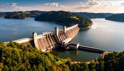 Aerial view of the Rappbode Dam, Germany's tallest dam, with serene landscape