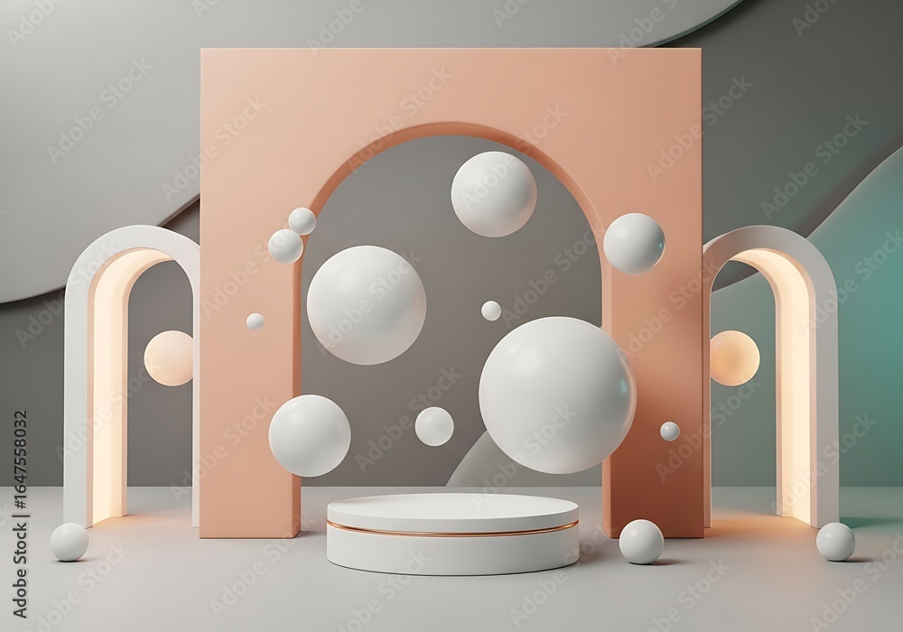 Poster abstract display with spheres and arches on neutral background