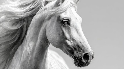 Majestic white horse with flowing mane standing against a soft background