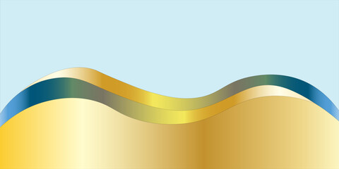 Abstract golden and blue wave background with smooth gradient curves on a light blue backdrop, modern and elegant design.