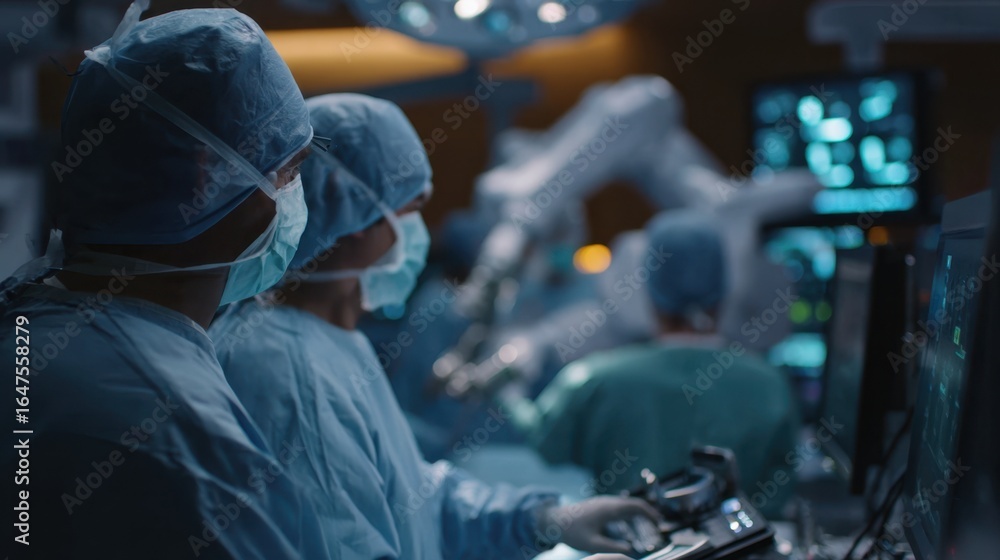 Poster medium shot focused on the robotic assistants interface control while robotic arms engage in docking
