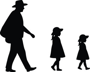 Father and two daughters walking, silhouette family journey, fatherhood, childhood moments, family connection, father and children, walking together
