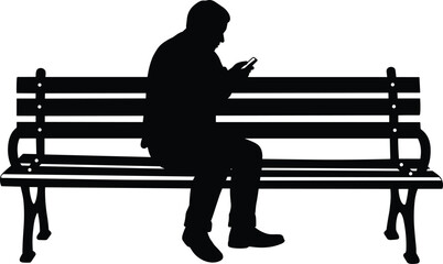 Silhouette of a Man Sitting on a Bench, Using Mobile Phone for Communication, Relaxation, and Urban Lifestyle Concept