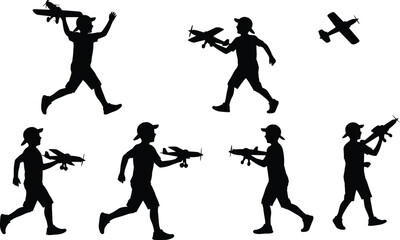 Silhouette of a Boy Playing with Toy Airplanes, Walking with Remote-Controlled Airplane and Aircraft in Motion, Fun Concept