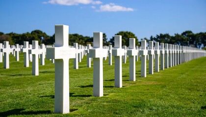 American military cemetery with rows of white crosses under a bright blue sky