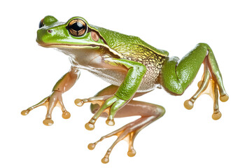 Fototapeta premium A vibrant green frog with striking golden eyes, poised on its hind legs, showcasing its unique features.