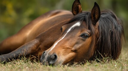 Fototapeta premium Brown horse lying on grass in a tranquil field during a sunny afternoon