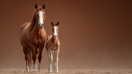 Pair of horses standing together in a serene setting showcasing the bond between a mare and her foal