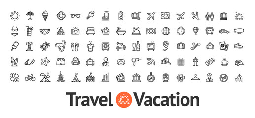 Travel and Vacation Sign Black Thin Line Icon Set Include of . Vector illustration of Icons