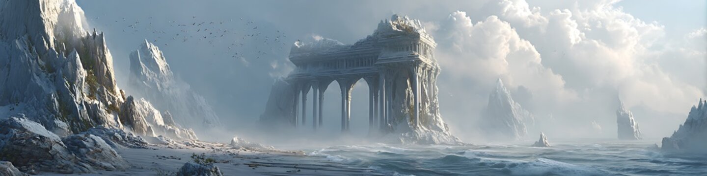 Minimalist white AI interface suspended in foggy ruins with mystic glow