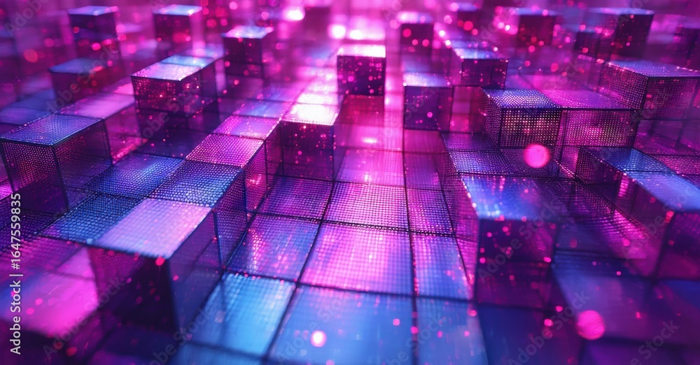 Poster abstract grid, vibrant pinks, blues create futuristic digital landscape. glowing particles enhance d