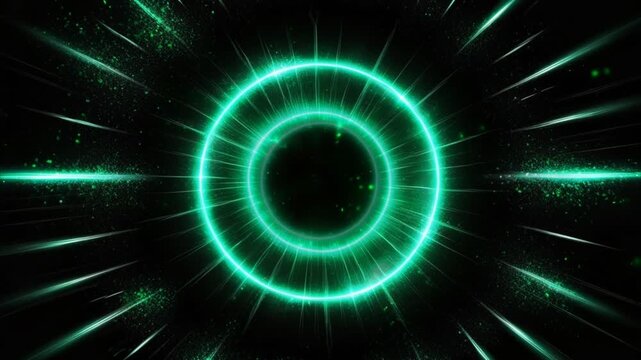 Mysterious black circle with vibrant neon green glow and sparkling particles, creating a dramatic futuristic and cosmic atmosphere.