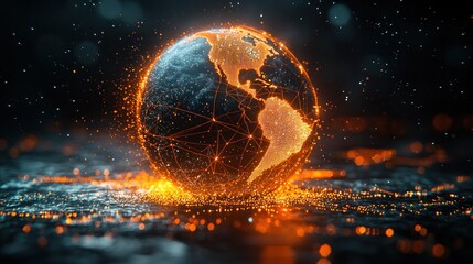 Fiery digital Earth, network-linked, glowing