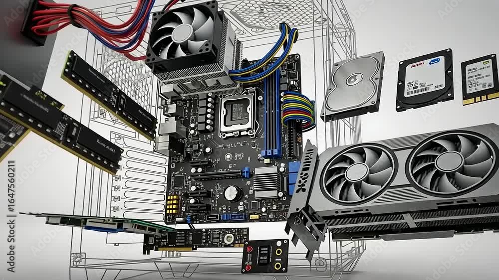 Fototapete computer hardware components with motherboard graphics card cooling system in a technical setup