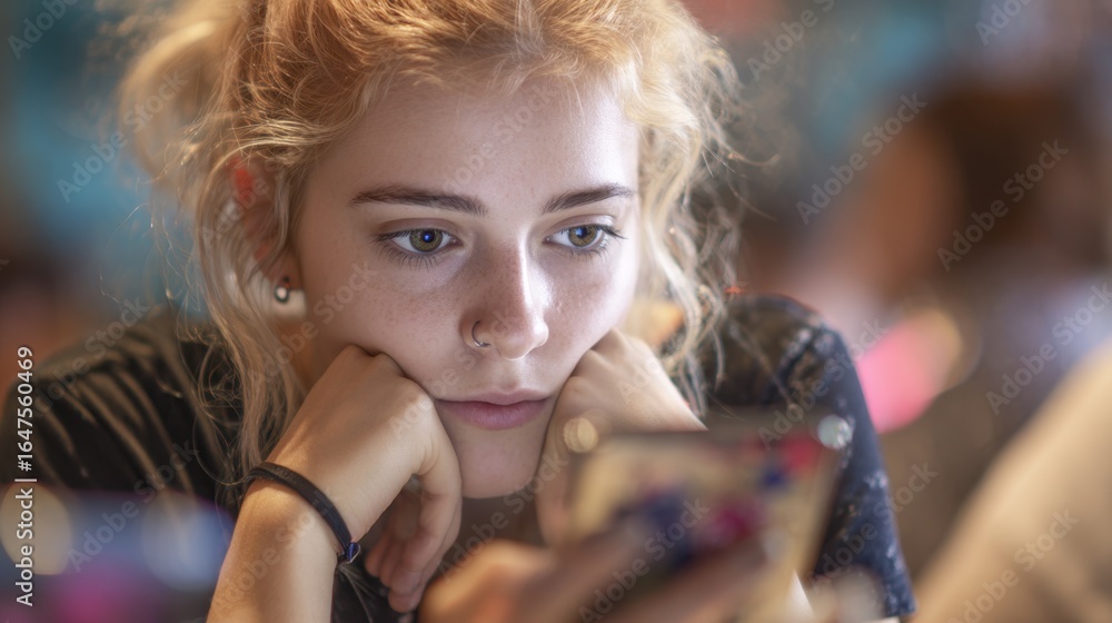 Poster profile view of a distracted adolescent aiming to switch apps main focus on phones display with soft