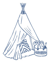 Hand drawn boho teepee tent. Summer accessories. Coastal picnic elements. Beach vacation drawings. Whimsical vector illustration isolated on white background.