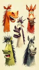 Horses express various emotions in colorful cartoon style artwork featuring unique and humorous facial features