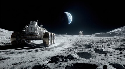 Exploration of the lunar surface with rover and Earth visible in the background during a moon mission