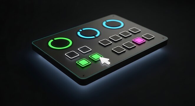 Modern digital control panel with illuminated buttons and knobs