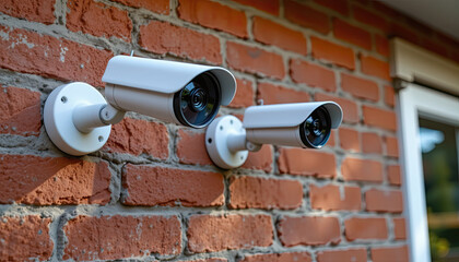 an outdoor security camera mounted to a brick wall. the camera has multiple lenses, likely for wide angle surveillance
