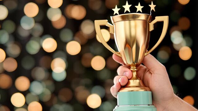 A hand holds a shining trophy against a bright, festive backdrop, embodying the joy of winning and acknowledgment