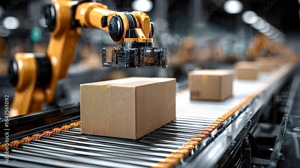 Poster robotic arm efficiently handling packages on conveyor