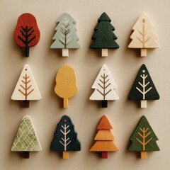 Decorative wooden tree shapes arranged in a colorful pattern showcasing autumn and winter themes