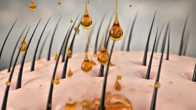3D animation of hair serum and lotion absorbing into the scalp, reducing hair fall, perfect for beauty, health, and cosmetic product ads.