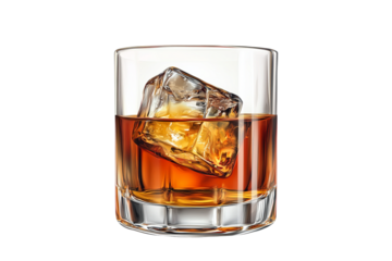 Glass of whiskey with ice isolated on transparent background